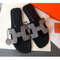 New Style Hermes Oran Crystal Suede Slide Sandal 070955 Silver 2021