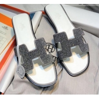 Most Popular Hermes Oran Crystal Suede Slide Sandal 070955 Silver 2021