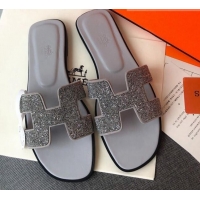 Low Cost Hermes Oran Crystal Suede Slide Sandal 070955 Silver 2021