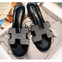 Charming Hermes Oran Crystal Suede Slide Sandal 070955 Silver 2021