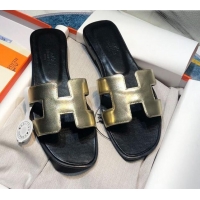 Hot Style Hermes Oran Classic Calfskin Flat Slide Sandal 070969 Gold