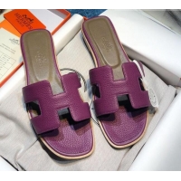 Top Quality Hermes Oran Classic Calfskin Flat Slide Sandal 070975 Purple