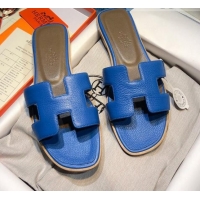 Low Price Hermes Oran Classic Calfskin Flat Slide Sandal 070975 Blue