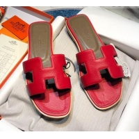 Good Taste Hermes Oran Classic Calfskin Flat Slide Sandal 070975 Red