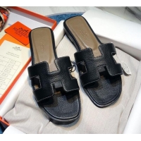 Popular Style Hermes Oran Classic Calfskin Flat Slide Sandal 070975 Black