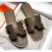 Top Grade Hermes Oran Classic Calfskin Flat Slide Sandal 070975 Grey