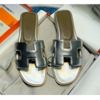 Good Looking Hermes Oran Classic Calfskin Flat Slide Sandal 070975 Silver