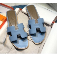 Super Quality Hermes Oran Classic Calfskin Flat Slide Sandal 070975 Blue