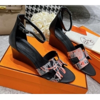 Shop Duplicate Hermes Calfskin Print Wedge Sandals 7cm 081107 Black 2021