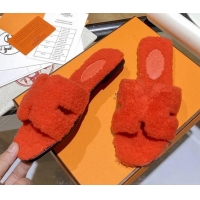 Popular Style Hermes Oran Shearling Wool Flat Slide Sandals 081109 Orange 2021