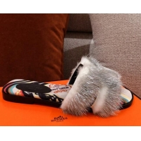 Good Quality Hermes Oran Mink Fur Flat Slide Sandals 081421 Grey/White 2021