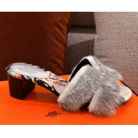 Best Product Hermes Oran Mink Fur Heeled Slide Sandals 4.5cm 081422 Grey/White 2021