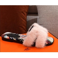 Best Grade Hermes Oran Mink Fur Flat Slide Sandals 081423 Pale Pink