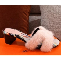 Grade Quality Hermes Oran Mink Fur Heeled Slide Sandals 4.5 cm 081424 Pale Pink