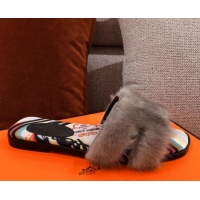 Fashion Luxury Hermes Oran Mink Fur Flat Slide Sandals 081425 Dark Grey