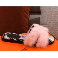 Purchase Hermes Oran Mink Fur Flat Slide Sandals 081427 Light Pink