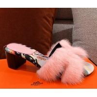 Classic Hot Hermes Oran Mink Fur Heeled Slide Sandals 4.5 cm 081428 Light Pink