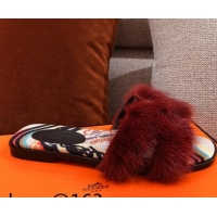 Luxury Hermes Oran Mink Fur Flat Slide Sandals 081429 Burgundy