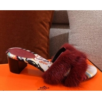 Stylish Hermes Oran Mink Fur Heeled Slide Sandals 4.5 cm 081430 Burgundy