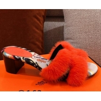 Sumptuous Hermes Oran Mink Fur Heeled Slide Sandals 4.5 cm 081432 Orange