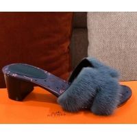 AAAAA Hermes Oran Mink Fur Heeled Slide Sandals 4.5 cm 081434 Dark Blue