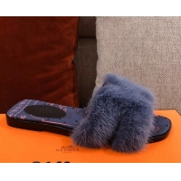 Sophisticated Hermes Oran Mink Fur Flat Slide Sandals 081437 Navy Blue