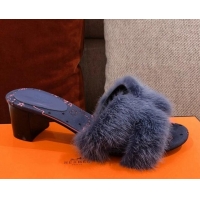 Stylish Hermes Oran Mink Fur Heeled Slide Sandals 4.5 cm 081438 Navy Blue