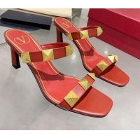 Best Grade Valentino Rockstud Double Strap Heel Slide Sandals  6.5 cm 061524 Red 2021