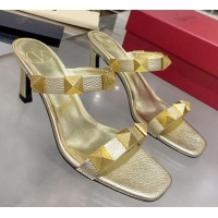 Popular Style Valentino Rockstud Double Strap Heel Slide Sandals  6.5 cm 061524 Gold 2021