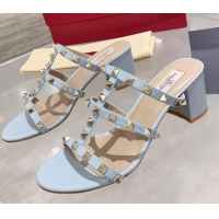 Good Looking Valentino Rockstud Patent Leather Slide Sandal 6cm 061531 Light Blue 2021