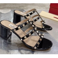 Top Quality Valentino Rockstud Patent Leather Slide Sandal 6cm 061535 Black