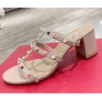 Discount Valentino Rockstud Calfskin Slide Sandal 6cm Nude Pink/Gold 061542