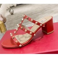 Discount Valentino Rockstud Calfskin Slide Sandal 6cm Red 061546