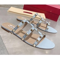 Perfect Valentino Rockstud Patent Leather Flat Slide Sandal Light Blue 061548