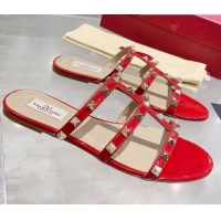 Low Price Valentino Rockstud Patent Leather Flat Slide Sandal 061548 Red