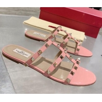 Fashion Valentino Rockstud Patent Leather Flat Slide Sandal 061548 Light Pink