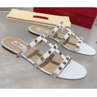 Good Quality Valentino Rockstud Patent Leather Flat Slide Sandal 061548 White