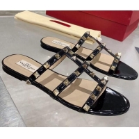 Cute Valentino Rockstud Patent Leather Flat Slide Sandal 061548 Black