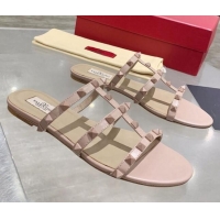 Low Cost Valentino Rockstud Matte Calfskin Flat Slide Sandal 061555 Nude Pink 2021