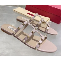 Affordable Price Valentino Rockstud Matte Calfskin Flat Slide Sandal 061555 Dusty Pink 2021