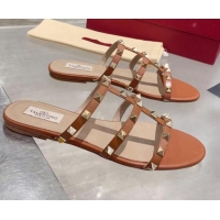 Most Popular Valentino Rockstud Calfskin Flat Slide Sandal 061557 Brown