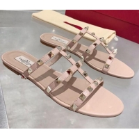 New Stylish Valentino Rockstud Calfskin Flat Slide Sandal 061557 Nude Pink/Gold