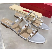 High Quality Valentino Rockstud Calfskin Flat Slide Sandal 061557 Silver 