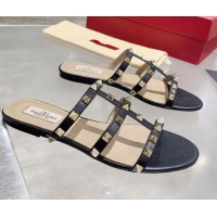 Top Quality Valentino Rockstud Calfskin Flat Slide Sandal 061561 Black 2021