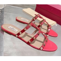 Best Quality Valentino Rockstud Calfskin Flat Slide Sandal 061561 Red 2021