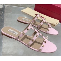 Luxury Hot Valentino Rockstud Calfskin Flat Slide Sandal 061561 Light Pink 2021