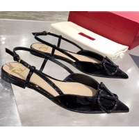 Popular Style Valentino VLogo One-Tone Patent Leather Slingback Ballet Flat 061565 Black