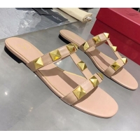 Good Looking Valentino Roman Stud Calfskin Flat Slide Sandals 061572 Nude Pink