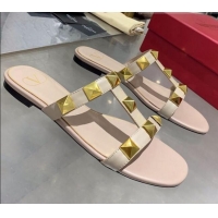 Best Product Valentino Roman Stud Calfskin Flat Slide Sandals 061572 Nude/Gold