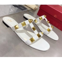 Best Price Valentino Roman Stud Calfskin Flat Slide Sandals 061572 White